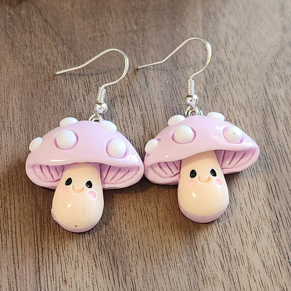 Handcrafted‎ Lavender Mushroom Dangle Drop Earrings NEW Playful Ladies/Girls